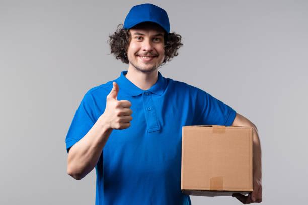 istock Positive Liking Post Courier Man Showing Like thumbs up, Approve On White Studio 2172693457