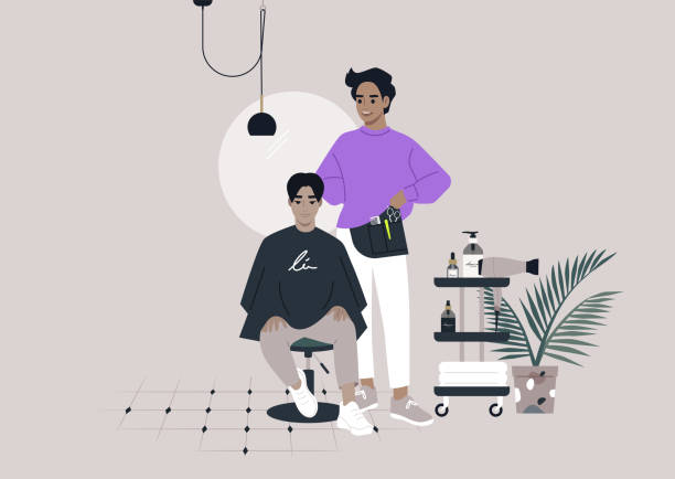 A stylist is carefully cutting a client's hair in a modern salon, surrounded by elegant decor and professional tools, highlighting the artistry of hairstyling in an inviting space A stylist is carefully cutting a client's hair in a modern salon, surrounded by elegant decor and professional tools, highlighting the artistry of hairstyling in an inviting space Barber hair style korea stock illustrations