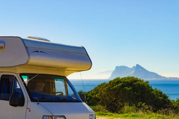 istock Caravan on spanish coast, Gibraltar rock on horizon 2172701802