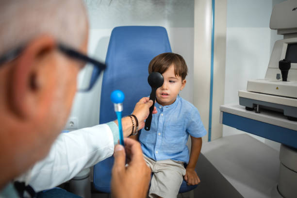 istock Ophthalmologist using occluder to cover patient eye for eyesight checkup 2172714892