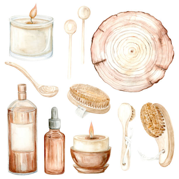 Oak bark cosmetics set. Oil, shampoo, candle and body brush. Watercolor Clip Art on a white background. Illustration is hand drawn in pastel colors. Suitable for card designs, textiles and scrapbooking. Oak bark cosmetics set. Oil, shampoo, candle and body brush. Watercolor Clip Art on a white background. Illustration is hand drawn in pastel colors. Suitable for card designs, textiles and scrapbooking cosmetic bag clip art stock illustrations