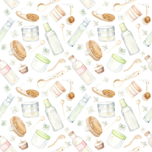 Body brushes and cosmetics. Seamless Pattern. Watercolor Clip Art The illustration is hand drawn in pastel colors. Suitable for card designs, textiles and scrapbooking. Body brushes and cosmetics. Seamless Pattern. Watercolor Clip Art The illustration is hand drawn in pastel colors. Suitable for card designs, textiles and scrapbooking cosmetic bag clip art stock illustrations