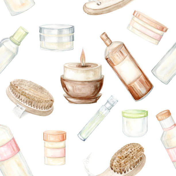 Body brushes and cosmetics. Seamless Pattern. Watercolor Clip Art The illustration is hand drawn in pastel colors. Suitable for card designs, textiles and scrapbooking. Body brushes and cosmetics. Seamless Pattern. Watercolor Clip Art The illustration is hand drawn in pastel colors. Suitable for card designs, textiles and scrapbooking cosmetic bag clip art stock illustrations