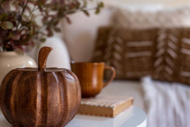 istock Soft focus fall decor background with woodgrain pumpkin 2172731679
