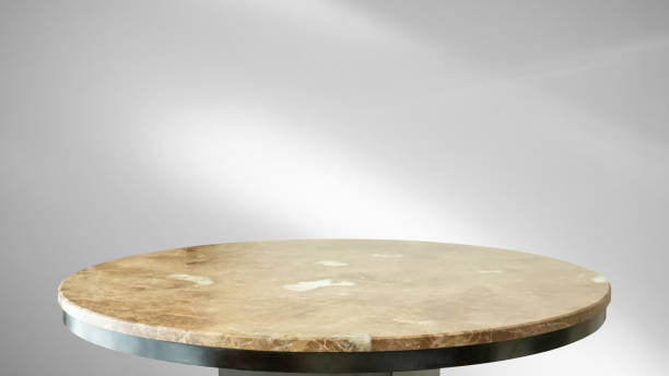 istock Round marble table top with abstract shadow drop on white wall background for mockup product display 2172743389