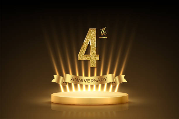 istock Fourth anniversary gold award podium. 4 year celebration birthday or jubilee golden vector background. Luxury stage with glowing rays, glittering number 4 and ribbon with text anniversary on black 2172745174