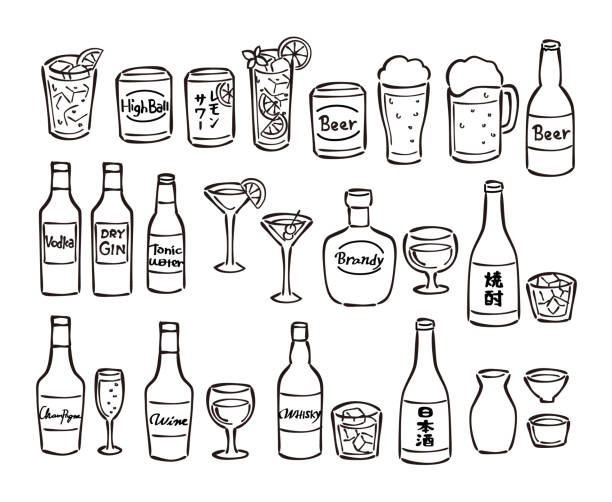 Alcohol drinks line drawing set The line drawing is filled with white beer alcohol stock illustrations