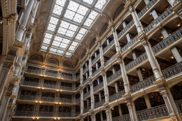 Baltimore, USA - July 21, 2024. Interior of Peabody Library at Mount Vernon Place in Baltimore, Maryland, USA