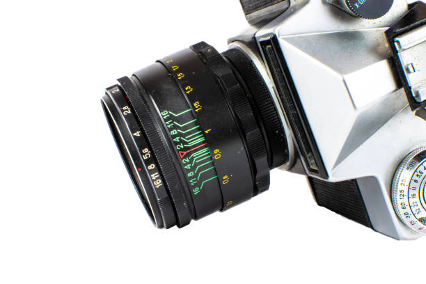 The rare old rangefinder film camera with lens on white background.
