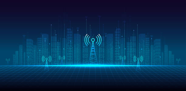 stockillustraties, clipart, cartoons en iconen met 5g network wireless systems and internet technology concept. smart city communication network. 5g wireless mobile internet wifi connection data concept. vector. - draadloze technologie