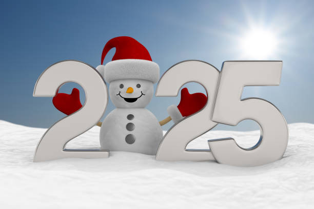 istock 2025 new year. Snowman into snowdrift. 3D illustration 2172771866