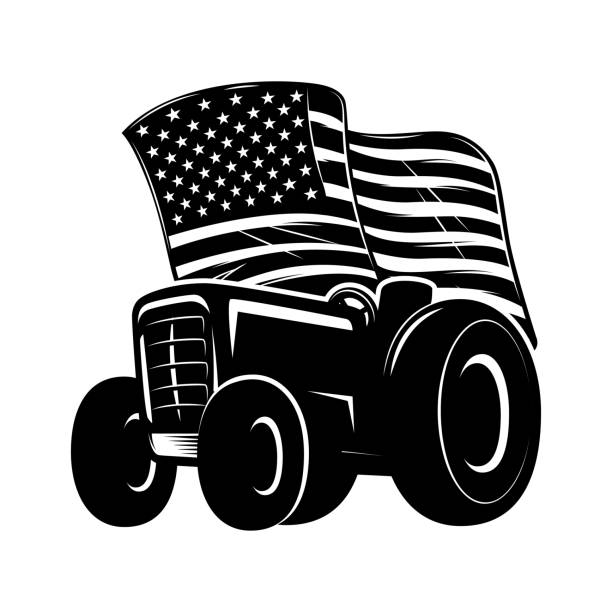 istock Tractor on american flag background. Design element for emblem, sign, badge, poster. Vector illustration 2172771934