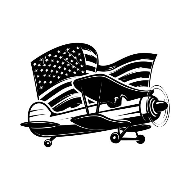 Retro airplane with american flag. Design element for poster, card, banner, sign. Vector illustration
