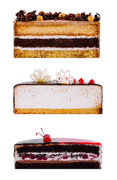 Tempting display of three different slices of cake, featuring chocolate, fruit, and cream fillings
