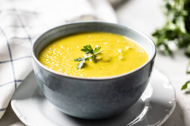 istock Healthy creamy vegetable soup in a blue bowl. 2172772838