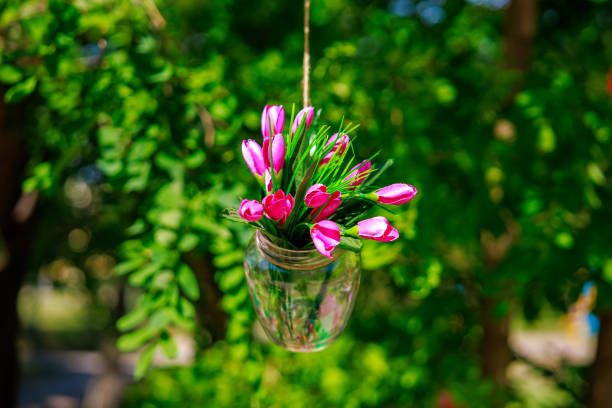 A vase with pink flowers hanging from a tree branch. The scene is peaceful and serene, with the flowers adding a touch of beauty to the natural surroundings