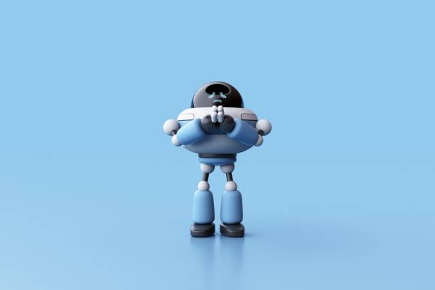 istock 3D rendering of Cute blue robot on Blue Background. 2172779095
