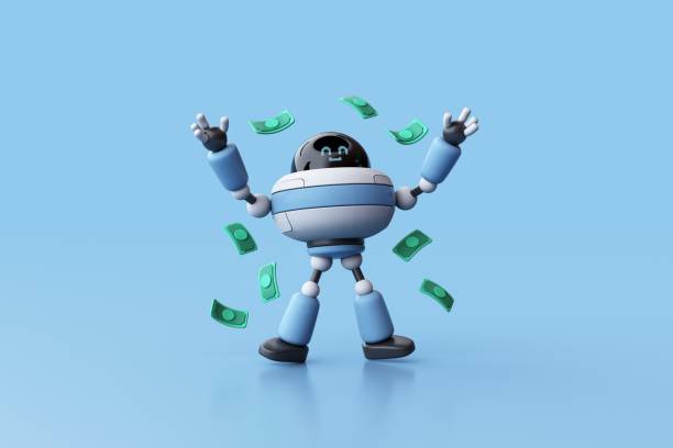 istock Blue Robot with money. 3D rendering. 2172779167