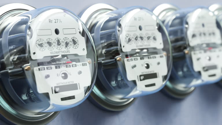 Electric meters in a row measuring power use. Electricity consumption and power supply concept. Looped 3d video animation