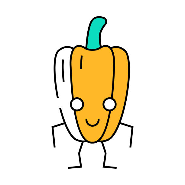 ilustraciones, imágenes clip art, dibujos animados e iconos de stock de ilustración en color del icono del personaje de la pimienta - verduras frutas feliz fresa