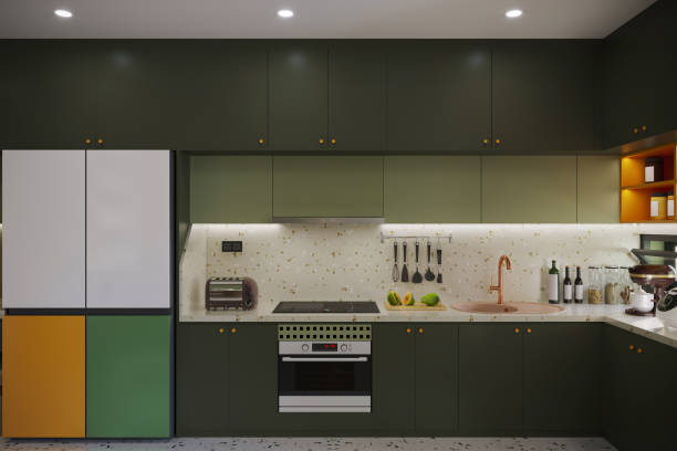 istock A Scandinavian open kitchen features dark green cabinets and a countertop 2172782092