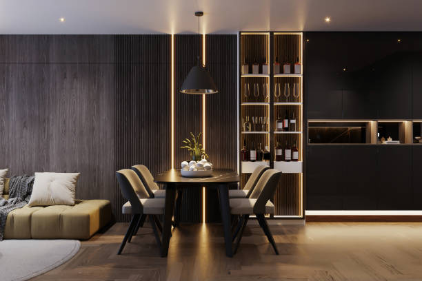 istock Black modern contemporary stylish dining room interior with dining table and seating chairs, as well as decorative objects. 2172782129