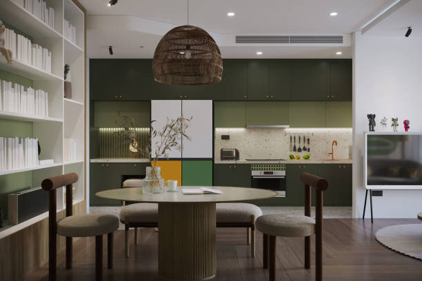 istock Modern cozy dining area and kitchen, classic interior design with pastel colors 2172782350