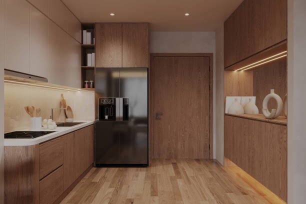 istock Modern wooden and gray kitchen with island stools and windows parquet herringbone floor 2172782368