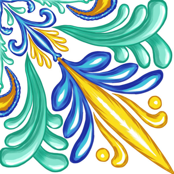 istock Traditional Azulejo ceramic tiles. Hand drawn watercolor Italian print for fabric and wallpaper. Sicilian majolica in blue and yellow colors. Mediterranean style ornament. 2172782571