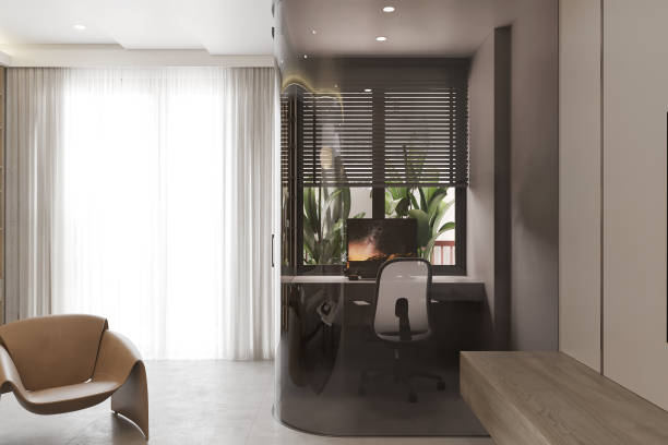 istock Rendering of Modern and Exquisite a modern home office with a curved desk and a comfortable chair. 2172782614