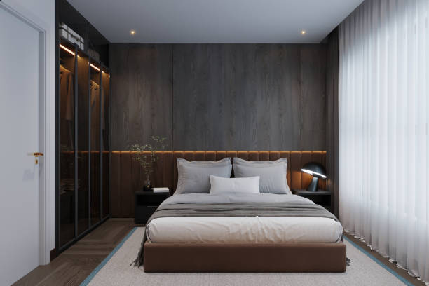 istock Minimalist Bedroom Design Idea Black Walls, Comfortable Bed, and Warm Ambient Lighting 2172782798