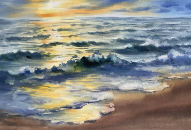 istock Autumn sunset by the sea watercolor background 2172784124