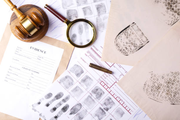 Forensic concept, evidence set on table, judge gavel, fictitious signature samples, spent cartridge case, shoe marks and fingerprints, top view