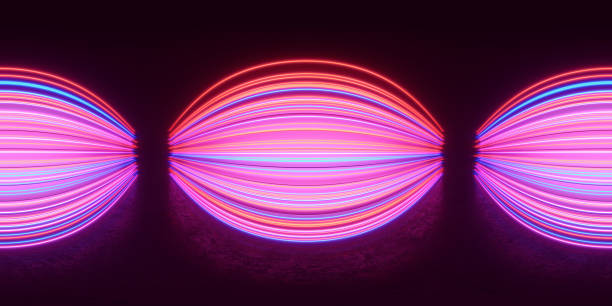 Glowing neon lines. Full spherical panorama 360 degrees. 3D render illustration.