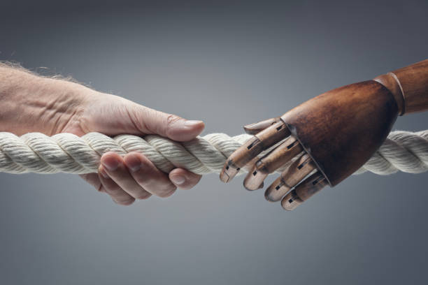 Tug Of War competition, human versus artificial intelligence, concept for ai generated digital art taking over