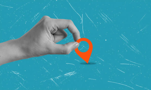 istock Modern art collage image of hand and GPS navigation, copy space on blue background. 2172799859