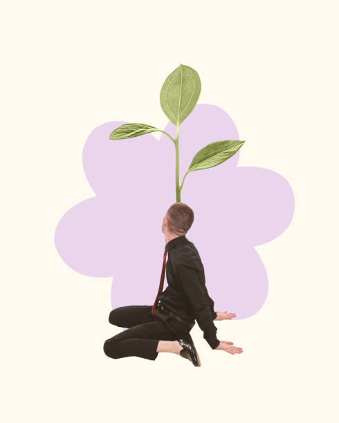 Young man sitting with flower growing from head, symbolizing personal growth, mindfulness, and calm environment. Contemporary art collage.