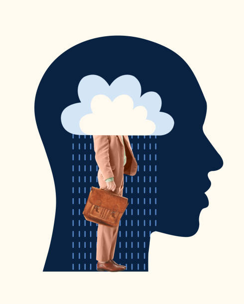 istock Cloudy thoughts of businessman. Man standing inside head, under cloud with rain, symbolizing mental exhaustion and stress associated with work. Contemporary art collage. 2172800083