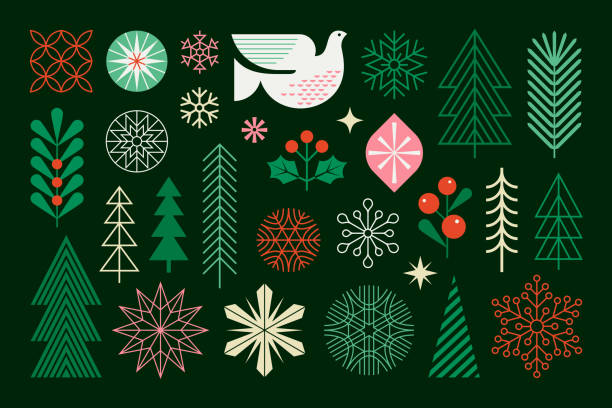 Christmas Holiday Design Elements Simple Christmas design elements. Holiday background. Geometric Christmas icons. christmas tree stock illustrations