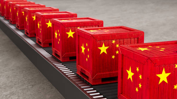 istock Red crates decorated with Chinese flags move along a conveyor belt in a warehouse setting 2172806020