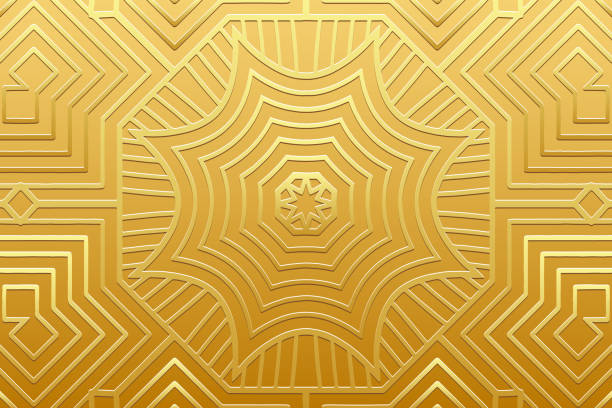 istock Gold metallic background, tribal cover design, banner. Geometric 3D pattern, embossing. Ethnic ornaments, arabesques, mandala of the East, Asia, India, Mexico, Aztec in handmade style. 2172806676
