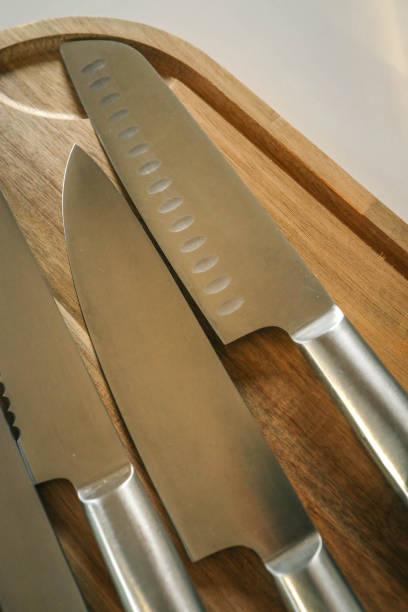 istock Casting steel various chef knife, Set of modern sharp kitchen knives on light background 2172806712