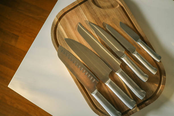 istock Casting steel various chef knife, Set of modern sharp kitchen knives on light background 2172806715