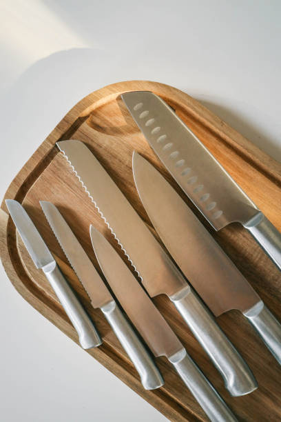 istock Casting steel various chef knife, Set of modern sharp kitchen knives on light background 2172806752