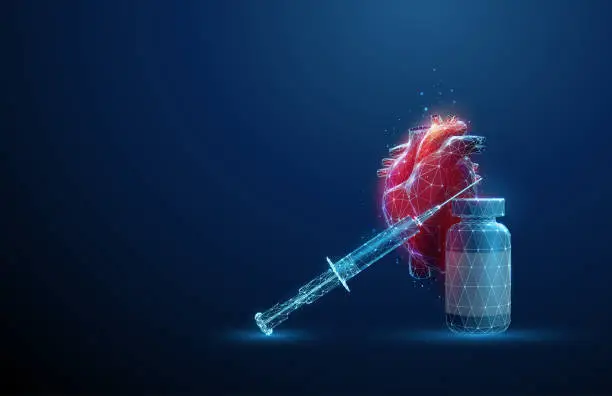 Butelka i strzykawka przed czerwonym futurystycznym ludzkim sercem. Choroby serca, leczenie i koncepcja farmacji. Styl hologramu low poly. Butelka i strzykawka przed czerwonym futurystycznym ludzkim sercem. Choroby serca, leczenie i koncepcja farmacji. Styl hologramu low poly.