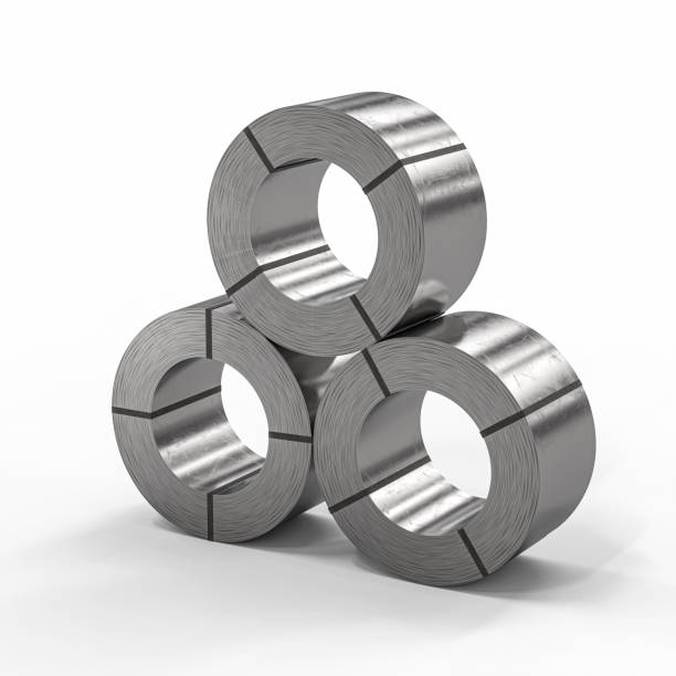istock Three shiny steel rolls stacked on white background 2172808947