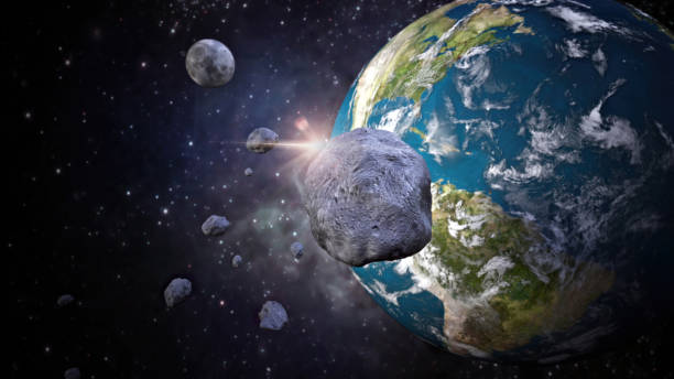 3D illustration of a large asteroid approaching Earth. An asteroid is shown approaching Earth, framed by numerous smaller celestial bodies, highlighting the scale and beauty of space during dusk. lunar meteorite stock pictures, royalty-free photos & images