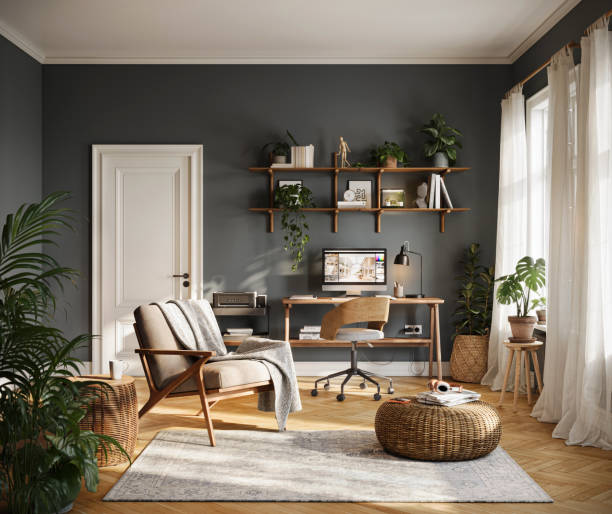 Digitally Rendered Home Office with Minimalist Design and Cozy Reading Corner