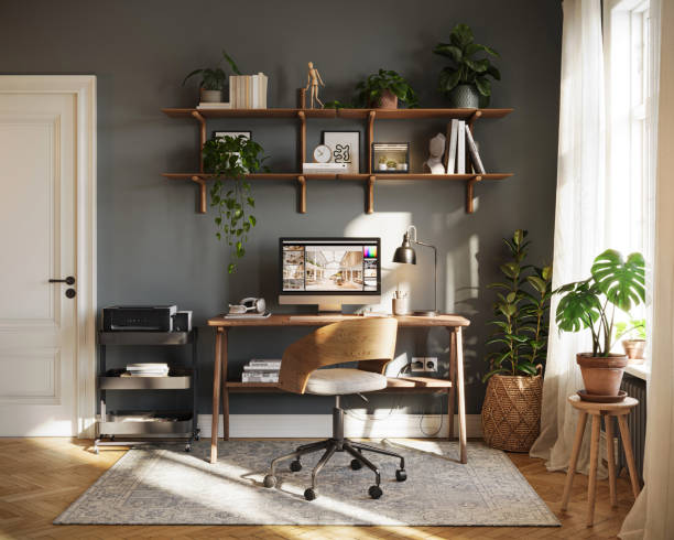 istock Digitally Rendered Modern Home Office with Stylish Decor and Natural Light 2172810295
