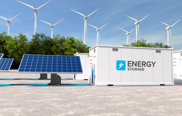istock Energy storage systems with wind turbines and solar farms, Green alternative energy, Net zero emissions concept. 3D illustration 2172811775